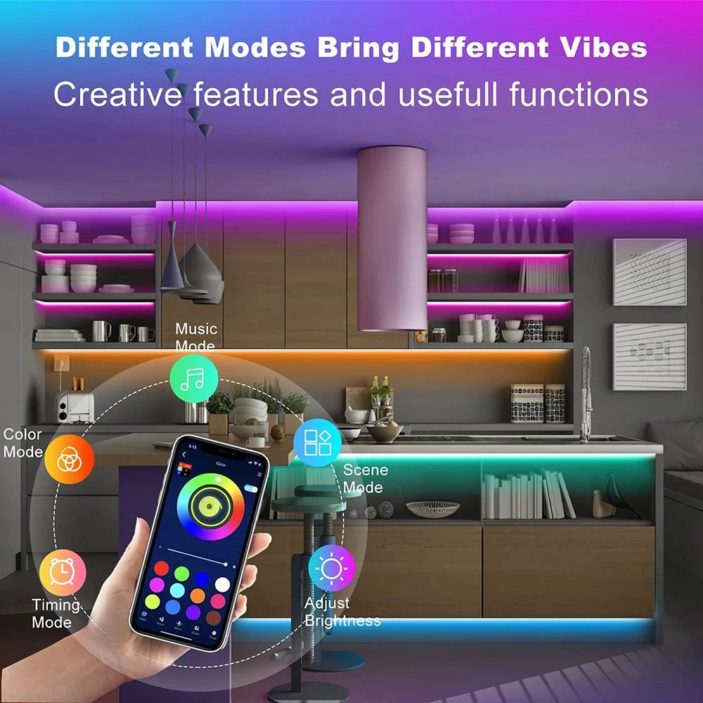 Bluetooth USB RGB LED Tape Light with Timer and App Control, 5V Self-Adhesive Flexible 5050 SMD Strip in 1m, 2m, 3m or 5m for TV and Desktop Accent Decor