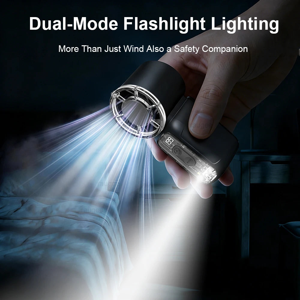 Digital Display Handheld Fan with USB Rechargeable Design, Listed 1-199 Speed Settings and Dual-Mode Flashlight in Black, White or Pink for Travel and Desk Use