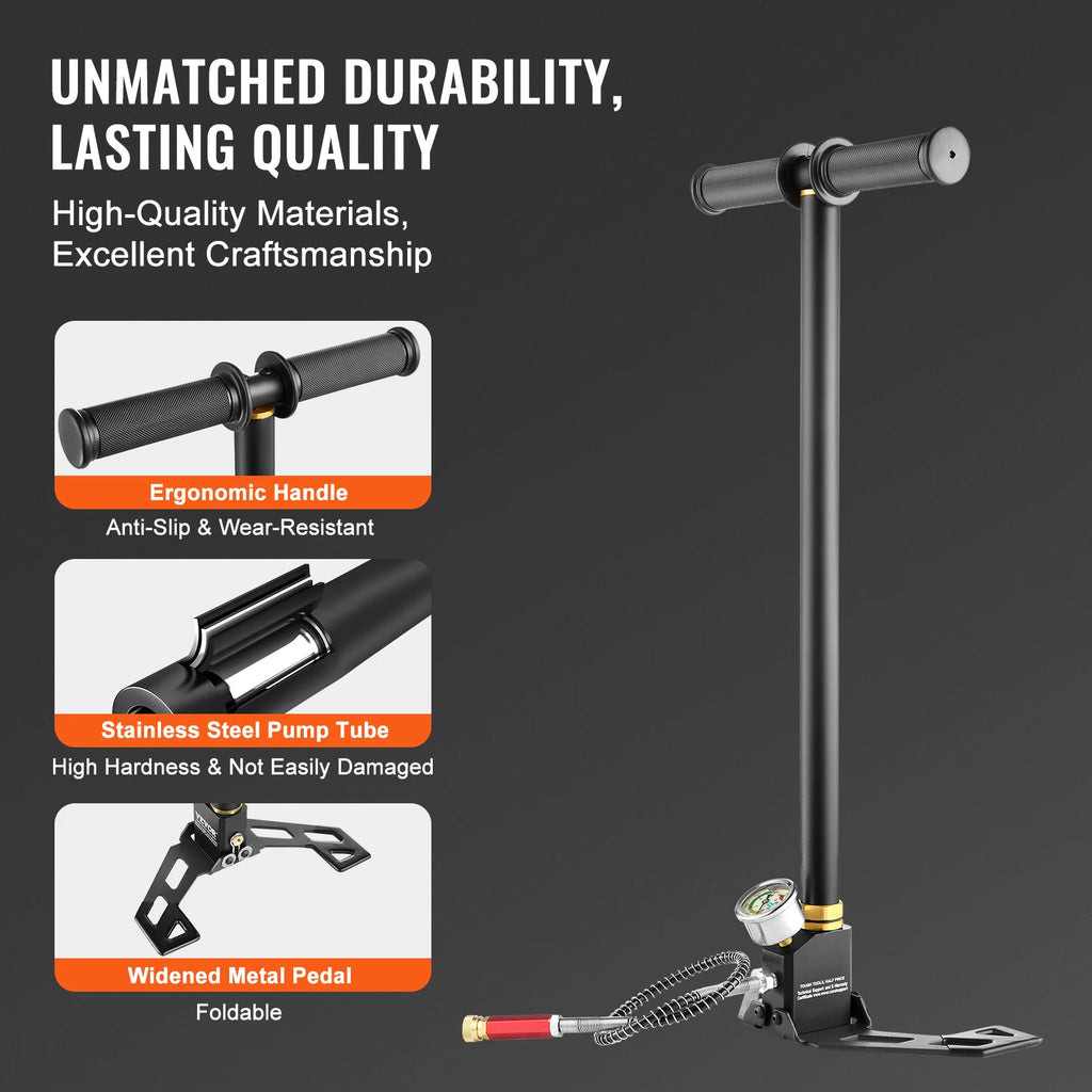 PCP Hand Pump by SucceBuy, Three-Stage Manual Air Pump with Listed 4500 PSI Rating, Pressure Gauge and Oil-Moisture Filter in Silver or Black Selections
