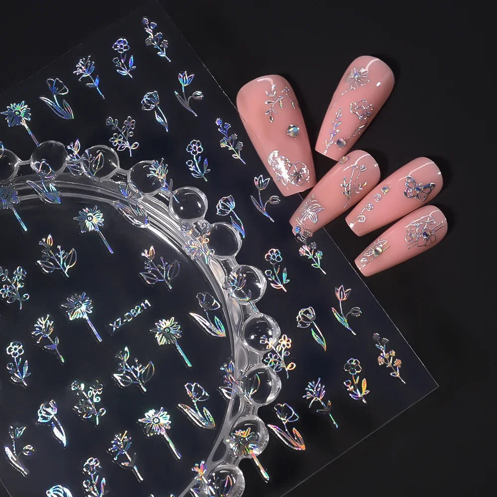 Gold Leaf Nail Stickers, 12-Piece Metallic 3D Floral Self-Adhesive Nail Art Decal Set for Botanical DIY Manicures, Party Styling and Salon Decoration