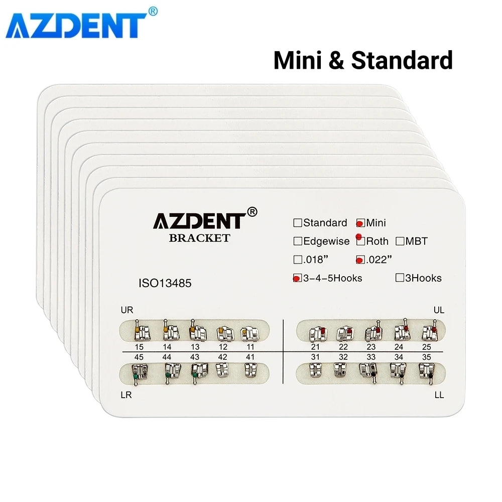 Orthodontic Metal Brackets by AZDENT, Mesh Base Mini and Standard Options with Roth, MBT or Edgewise Styles, 018 or 022 Slots, 10 Packs of 20 Pieces
