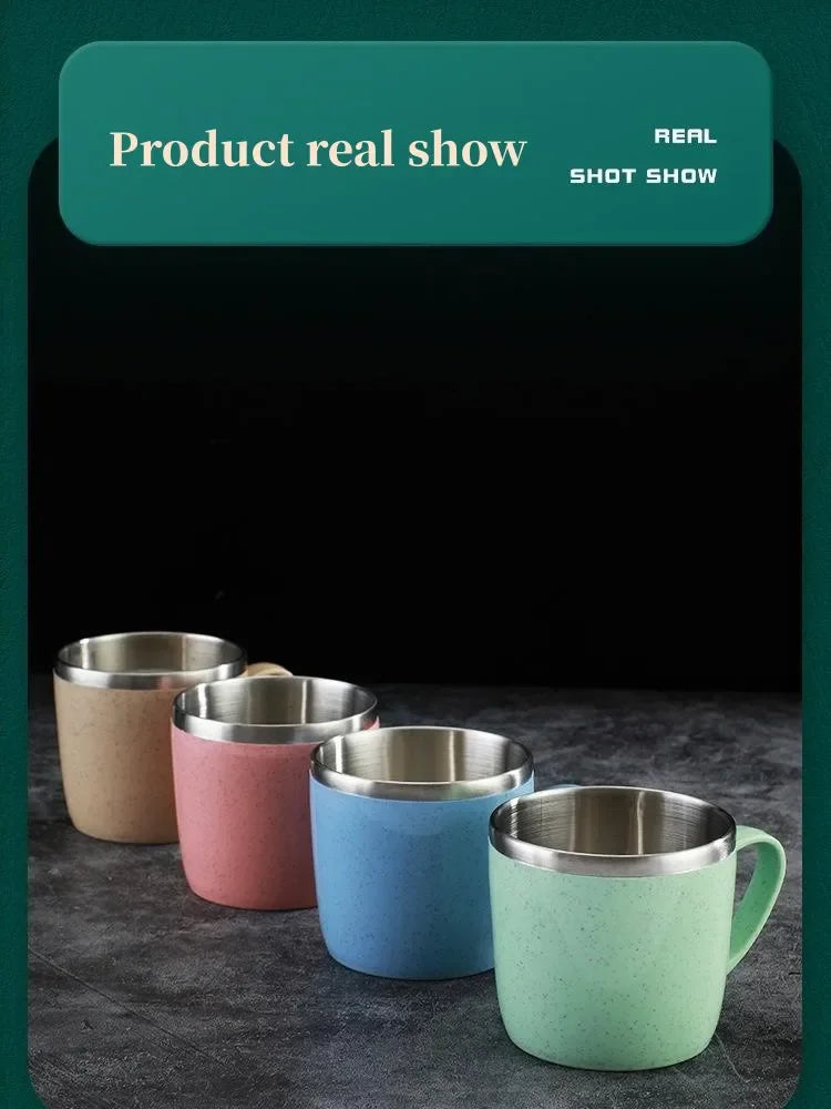 220ml Stainless Steel Mug with Plastic Handle and Double-Layer Design, Single Coffee, Tea and Milk Cup in Blue, Green, Pink or Beige for Home and Office