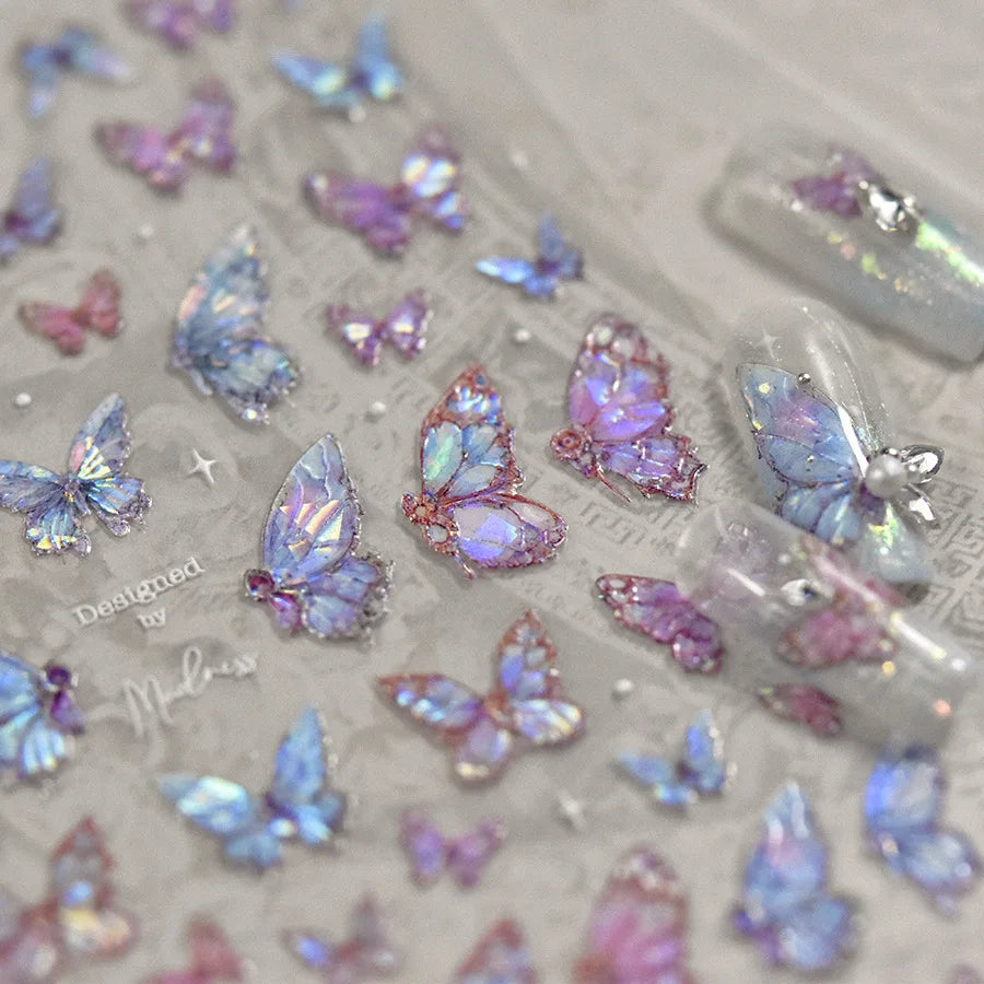 Butterfly 5D Nail Art Stickers, Kawaii Japanese-Inspired Glitter Shell Aurora Style Manicure Decals in Four Design Options for DIY Nail Decoration