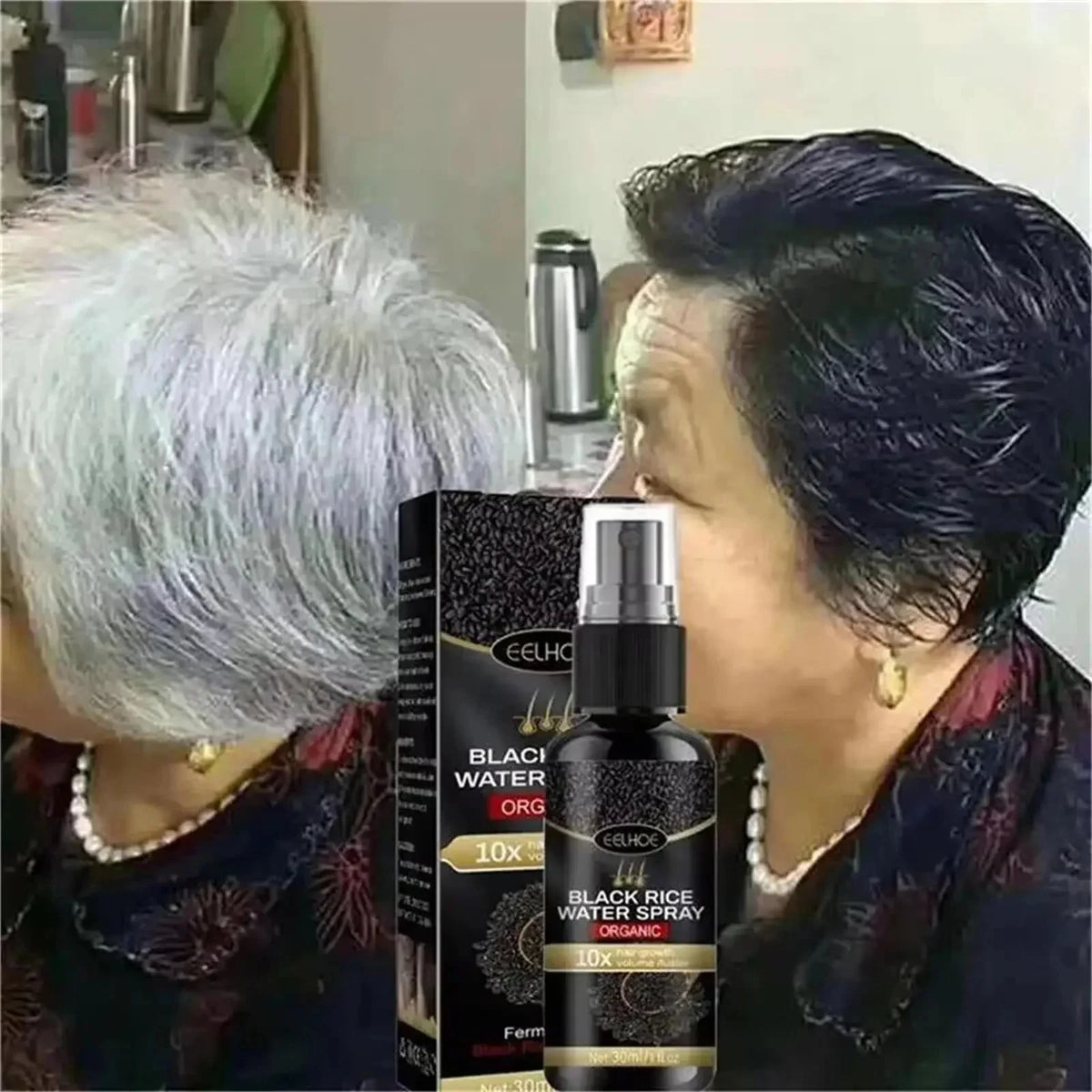 Gray Hair Care Serum with Black Spray and Cosmetic Coverage References, Single or Promotional Purchase Labels for Women and Men Grooming Routines