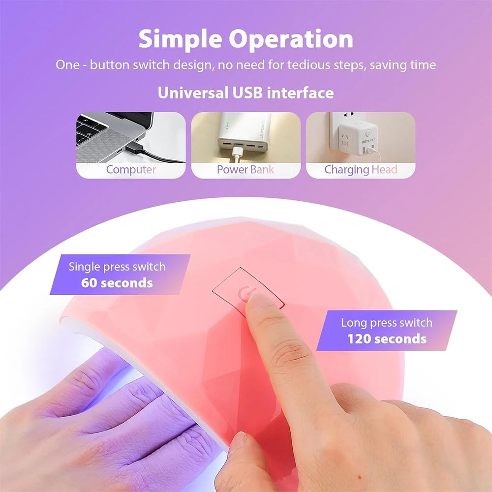 USB Nail Curing Lamp with Listed 18 LEDs, 60 and 120-Second Timers and Detachable Design, Pink, White or Upgraded White Options for Gel Manicures