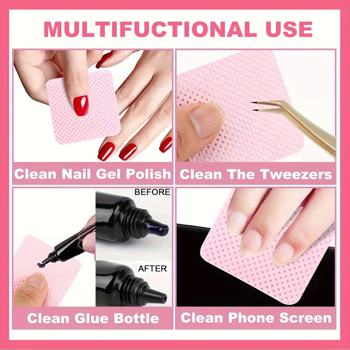 Lint-Free Nail Wipes for Gel Cleansing and Nail Polish Removal, Pink or White Manicure Pads in 20 to 600 Piece Packs with Bottle Options