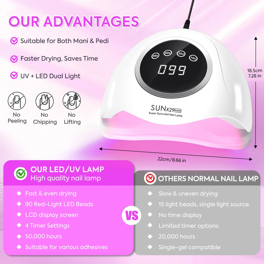 DianaBeauty Gel Curing Lamp Options with SUN X29 MAX Listed 90 LEDs, Infrared Sensor and Four Timers, Nine Model Labels and US, EU, AU or UK Plug Choices