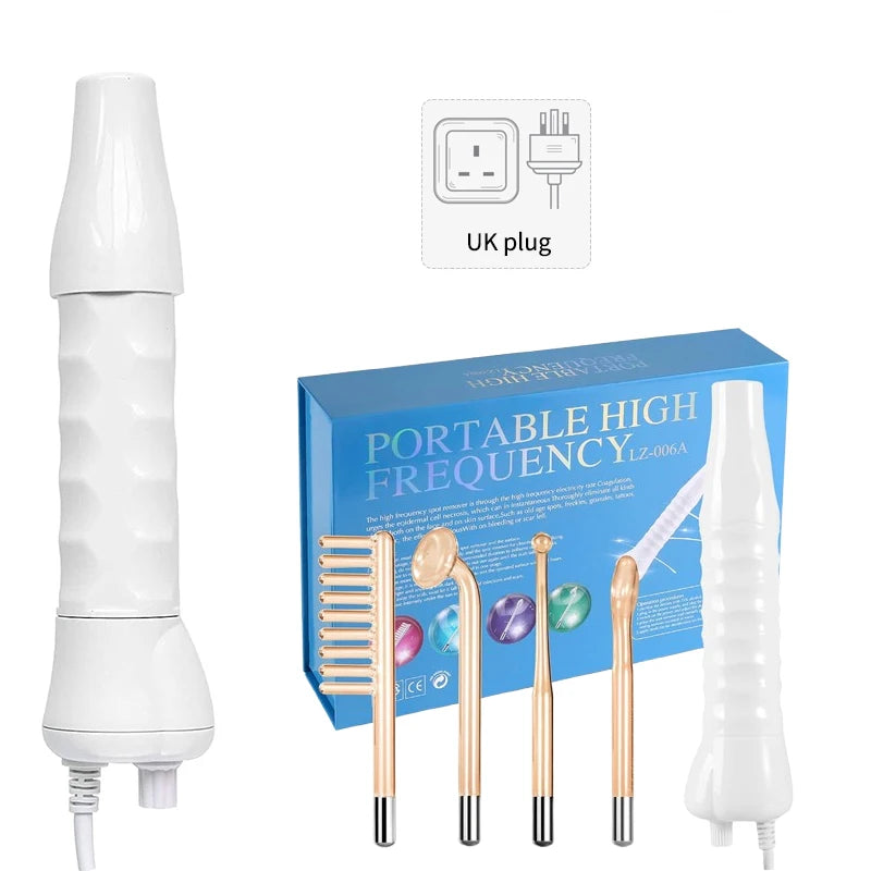 High Frequency Facial Wand Set with Four Glass Tube Attachments and English Manual, Glass and ABS Beauty Equipment in US, EU, UK or AU Plug Options