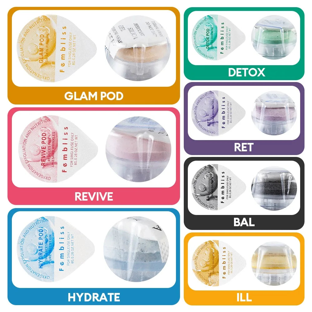 Facial Pod Serum and Gel Kit with Listed Six 8g Pods, Six 8ml Serums and Six 15ml Gels, Seven Type Choices and Separate Bubble Pen Option