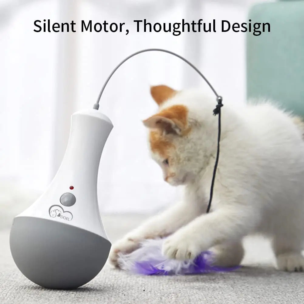 Automatic Feather Cat Toy by DOEL with 360-Degree Random Rotation, Two Interchangeable Feathers and 15-Minute Auto Shutoff for Supervised Indoor Play, White