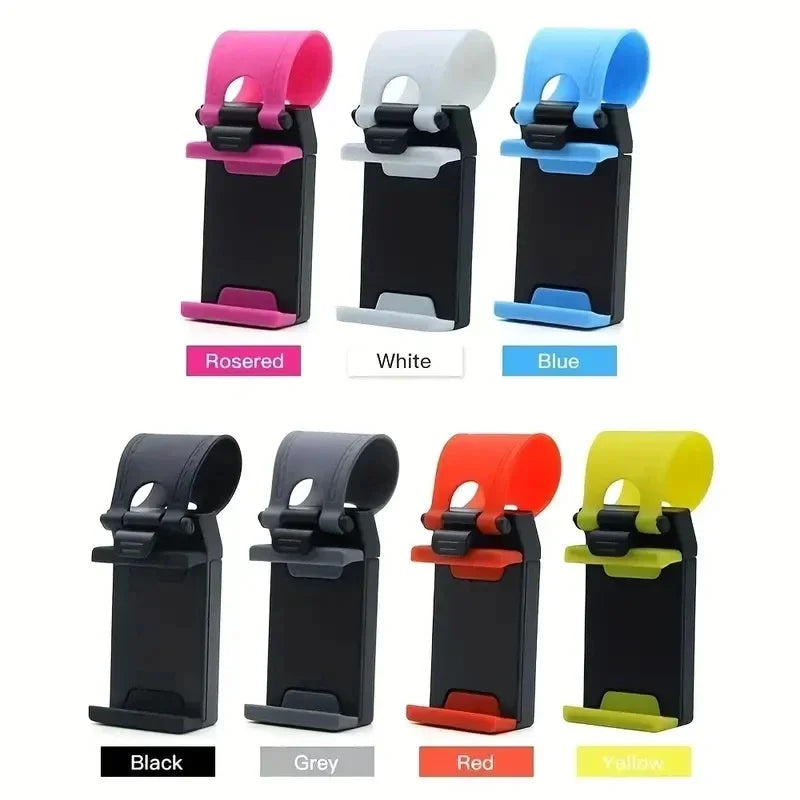 Steering Wheel Phone Holder for Parked Use, Telescopic Hook Clip with Soft Pads for Devices 50–80mm Wide and 6–18mm Thick in Five Colors