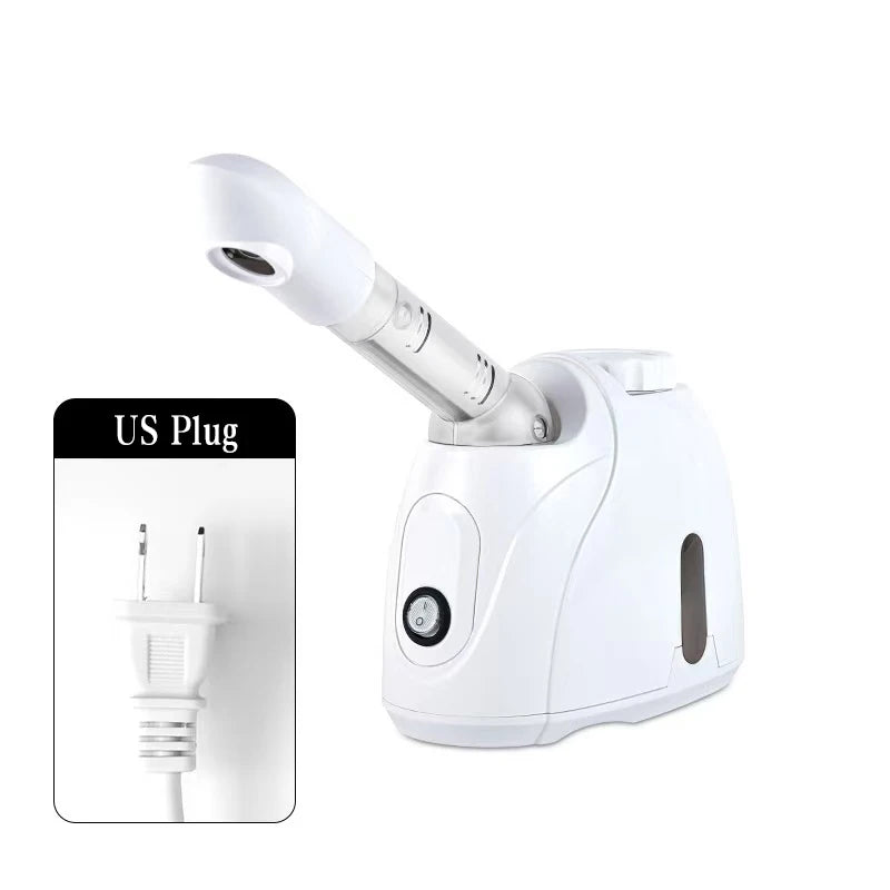 Rotating-Outlet Facial Steamer in White, 100ml Hot Steam Device with Extended Arm and Aroma Compartment for Home Beauty Routines, US or EU Options