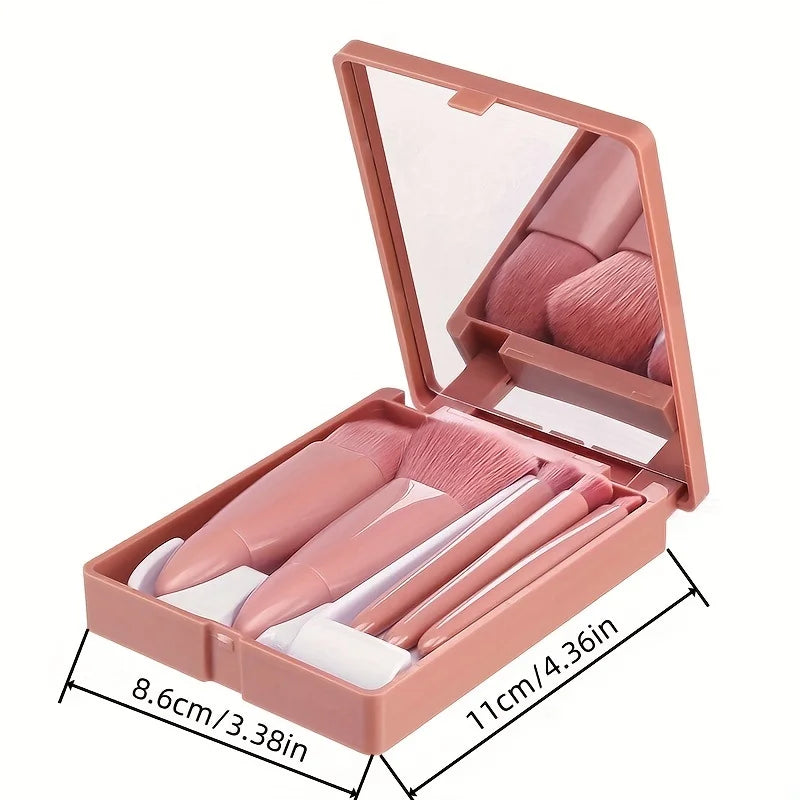 Mini Makeup Brush Set with Mirror and Foldable Travel Design, Listed Five-Piece Beauty Kit in Coffee Pink, Pink or Green for Everyday Touch-Ups
