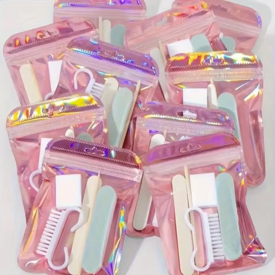 Manicure Prep Kit with Five Tools and Holographic Zipper Bag, Mini Nail File, Buffer, Cuticle Pusher, Cleaning Brush and Wooden Stick for Home and Travel