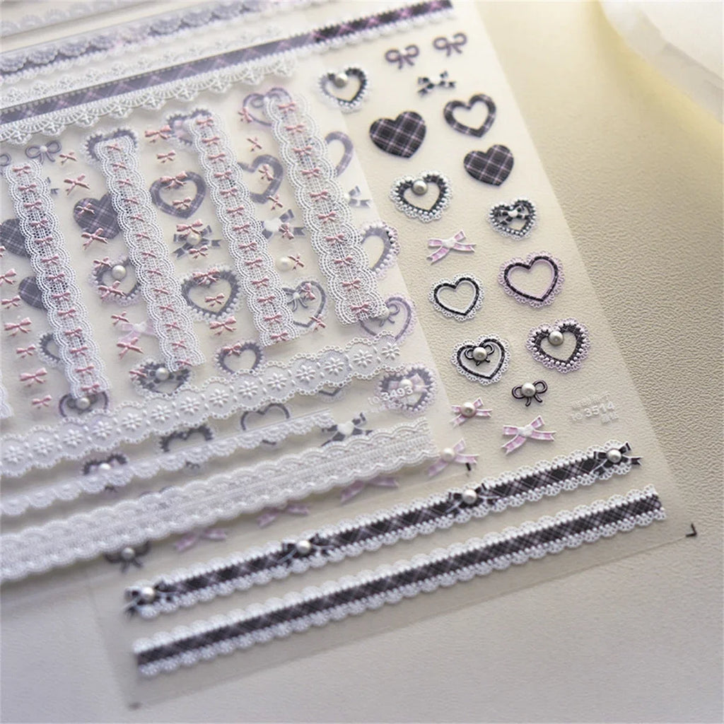 Kawaii Lace Nail Stickers, 1 Sheet of 5D Relief Self-Adhesive Bow and Red Heart Decals for Japanese-Style Wedding and Everyday DIY Manicures