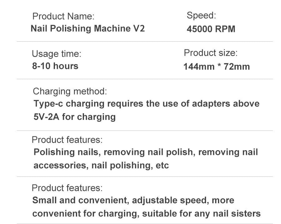 Portable Nail Drill V2 with Listed 45,000 RPM Adjustable Speed, 1800mAh Rechargeable Battery, LCD Display and Six Bits for Acrylic and Gel Manicures