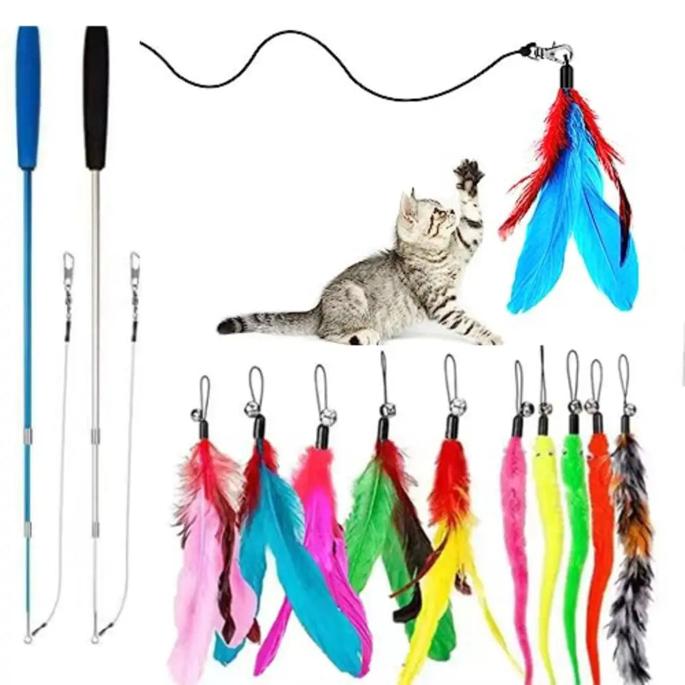 Retractable Cat Wand with Feather and Bell Teaser, Listed 37–97 cm Extendable Rod and 12-Piece Set Option for Supervised Indoor Chase and Batting Play