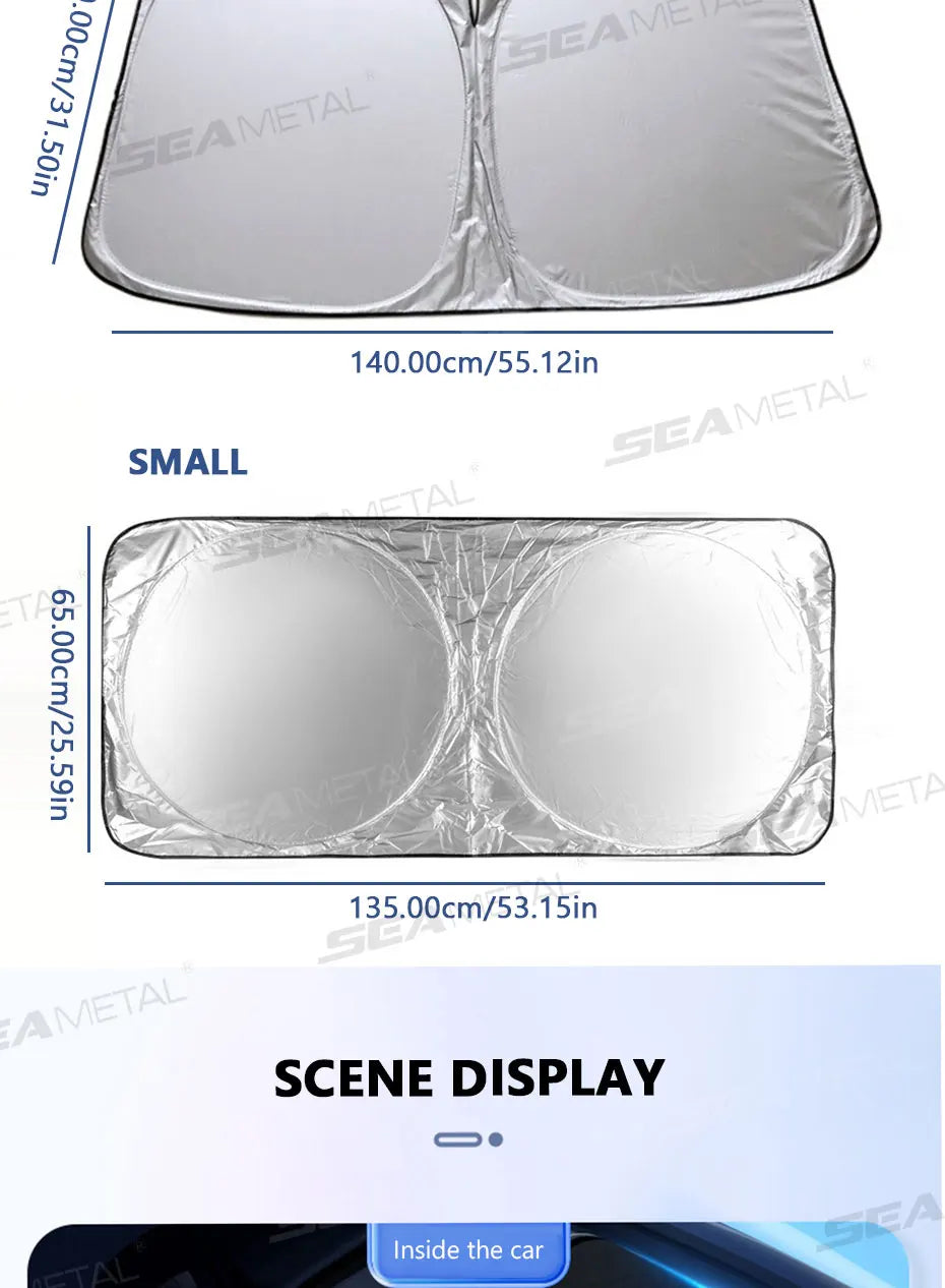 SEAMETAL Foldable Windshield Sun Shade in Silver with Reflective Material, Mirror Cutout and Wire Support, Small or Large Options for Parked Cars