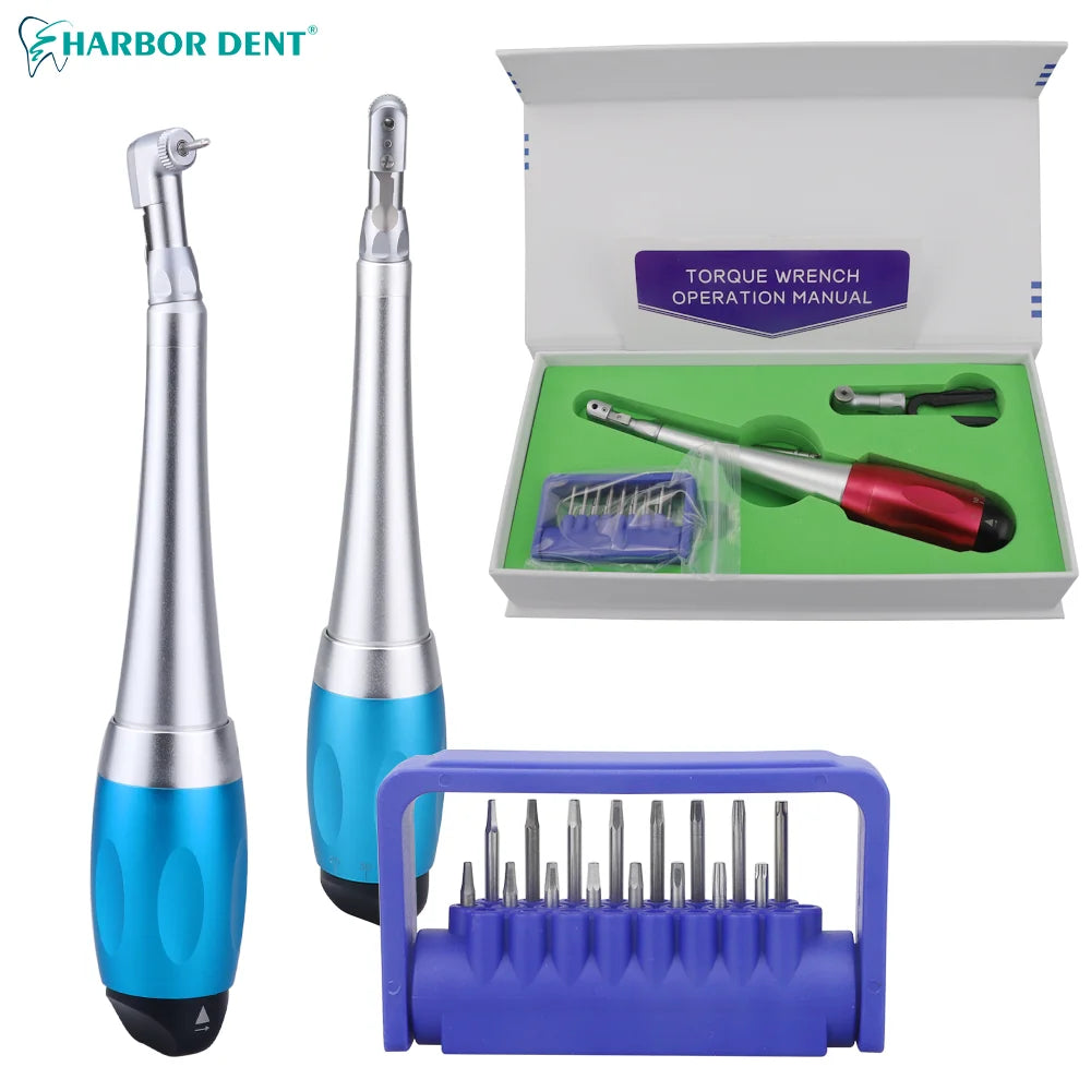 Adjustable Dental Implant Torque Wrench Set, 16-Piece Driver Tool Selection with Listed 2.35mm Latch-Type Bits in Silver, Blue or Red Options