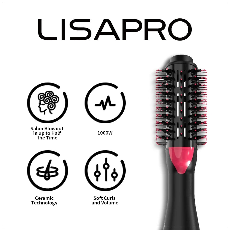 Oval Hair Dryer Brush by LISAPRO, Red 1000W Ionic Hot Air Volumizer with Three Heat Settings, Dial Control and 2.5m Swivel Cord for At-Home Blowouts