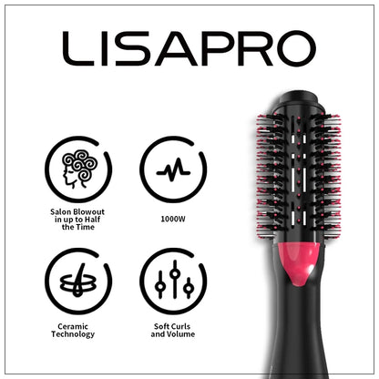Oval Hair Dryer Brush by LISAPRO, Red 1000W Ionic Hot Air Volumizer with Three Heat Settings, Dial Control and 2.5m Swivel Cord for At-Home Blowouts