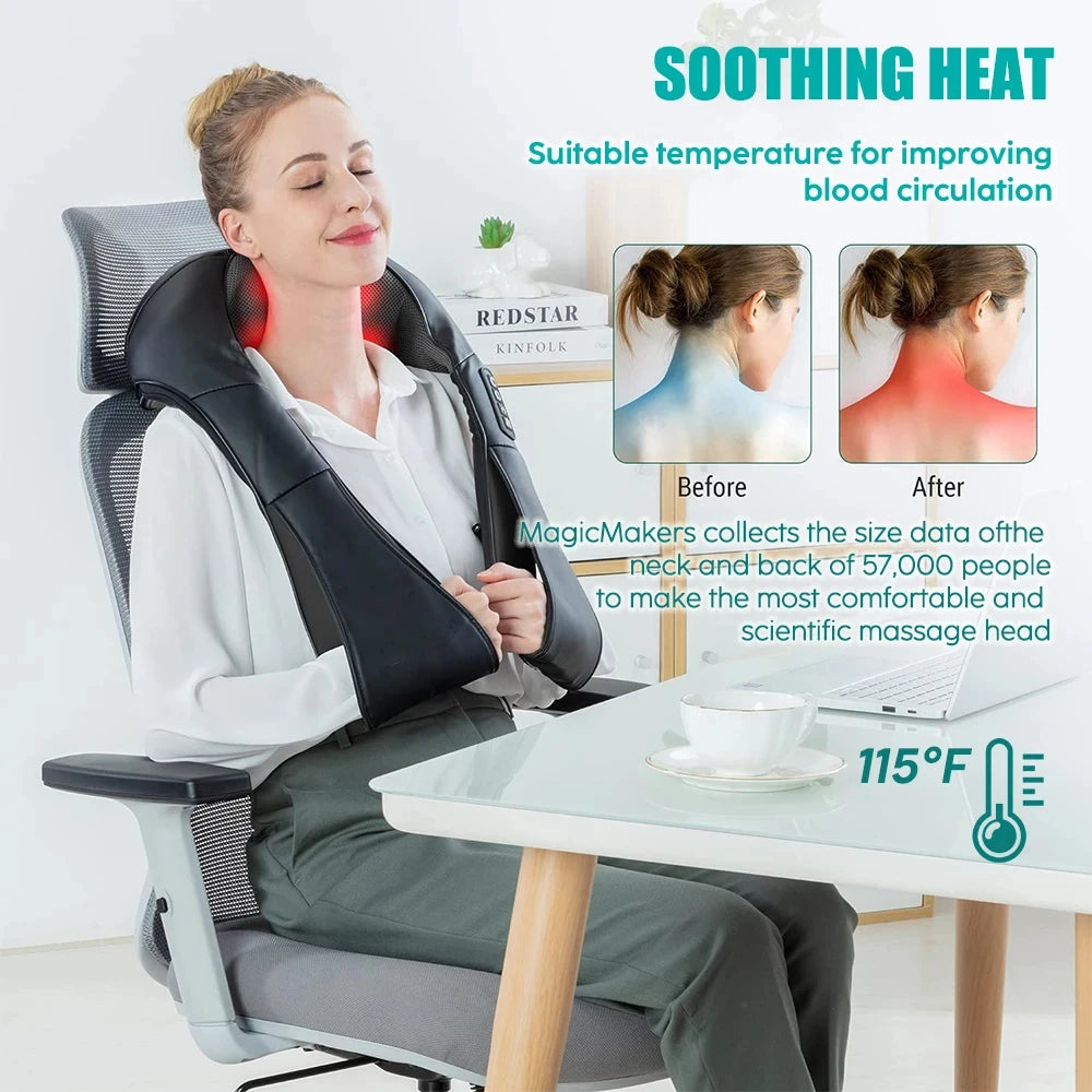 U-Shape Neck and Shoulder Massager with Heat and Reversible Shiatsu-Style Kneading, Four-Button Black or Black Gray Styles with US or EU Plug Options for Adult Relaxation