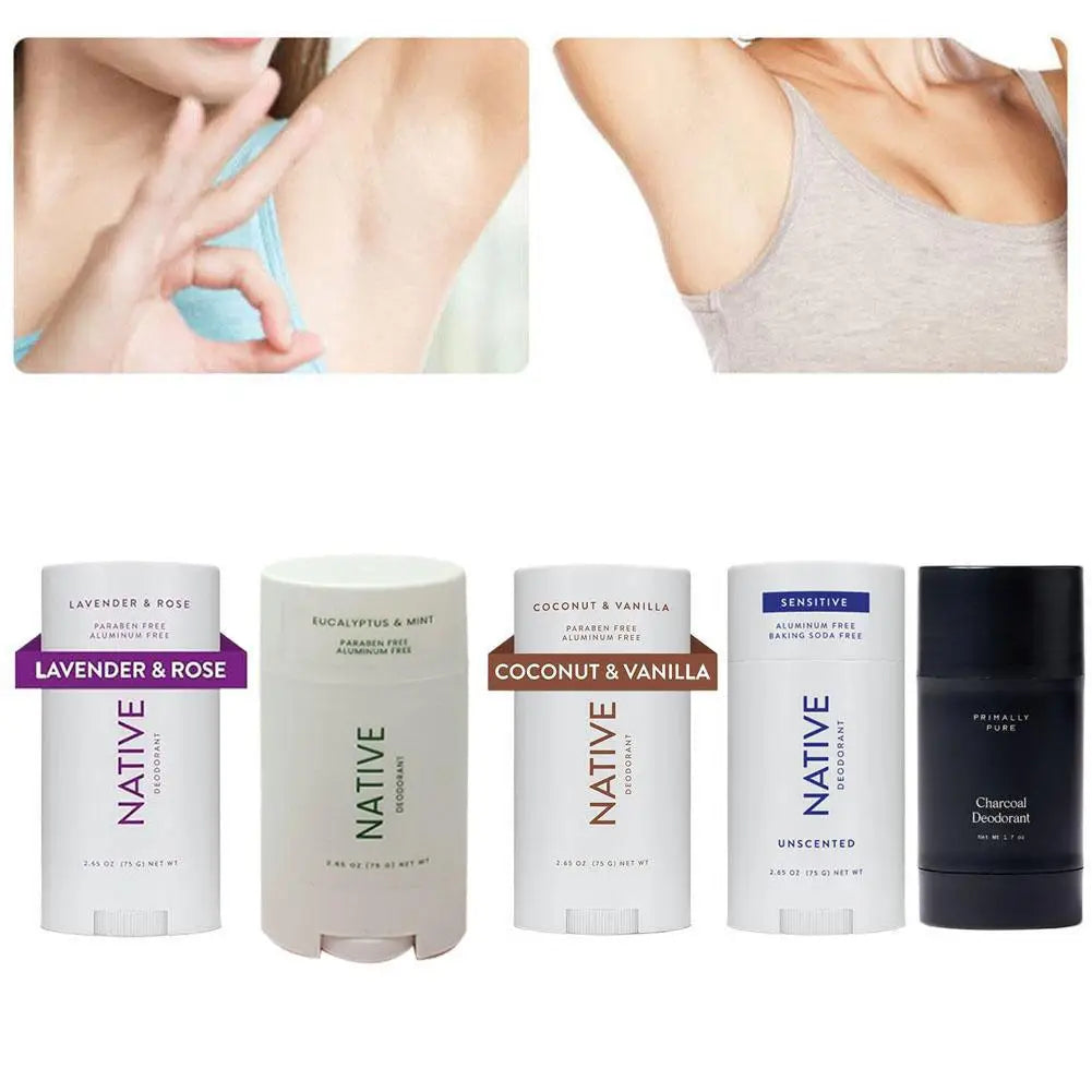 Body Deodorant Stick with Listed 75g Net Content and Twist-Up Solid Format, A to E Scent Option Labels for a Label-Guided Everyday Personal Care Routine