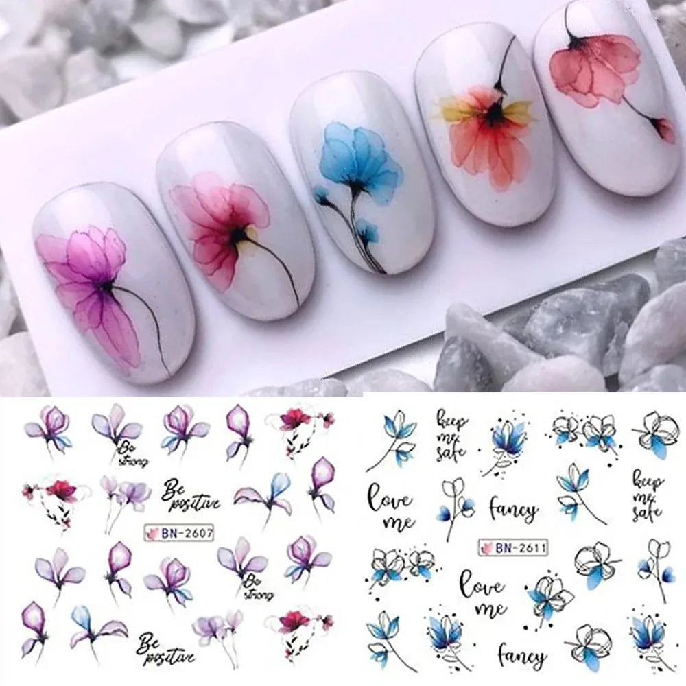 Water Transfer Nail Decals, BN2605-2616 Nail Art Slider Stickers for DIY Manicure Decoration, At-Home Styling and Seasonal Nail Design Ideas
