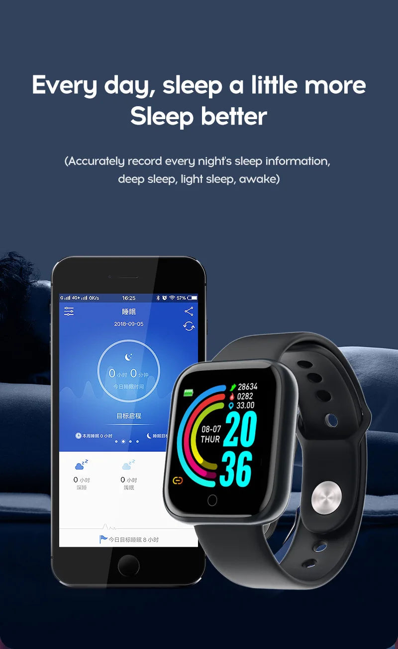 Y68 Smart Watch with Original Box for Men and Women, Gray, Black, White or Pink Wearable with Listed Sleep Monitoring and Heart Rate Functions for Compatible iOS and Android Phones