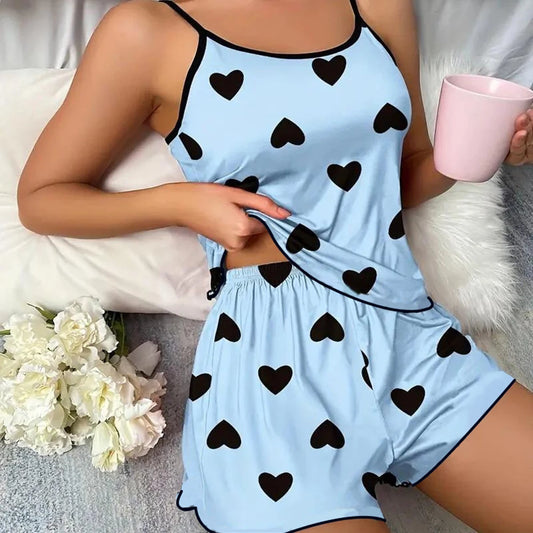 Women's Heart Print Pajama Set with Round Neck Top and Shorts, Polyester Summer Sleepwear for Relaxing at Home in Purple or Blue, Sizes M to XL
