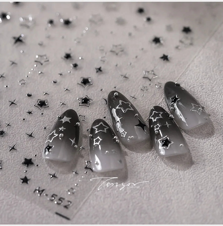 Star Nail Stickers with Five-Pointed Motifs, Black and Silver Color References and Hollow-Out Gilding-Style Details for Creative DIY Manicure Decoration