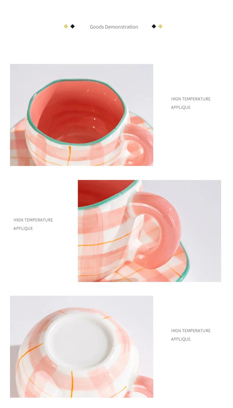 Hand-Painted Ceramic Mug with Irregular Korean-Style Shape and Floral, Heart or Playful Pattern Options for Breakfast Coffee and Afternoon Tea, Cup Only
