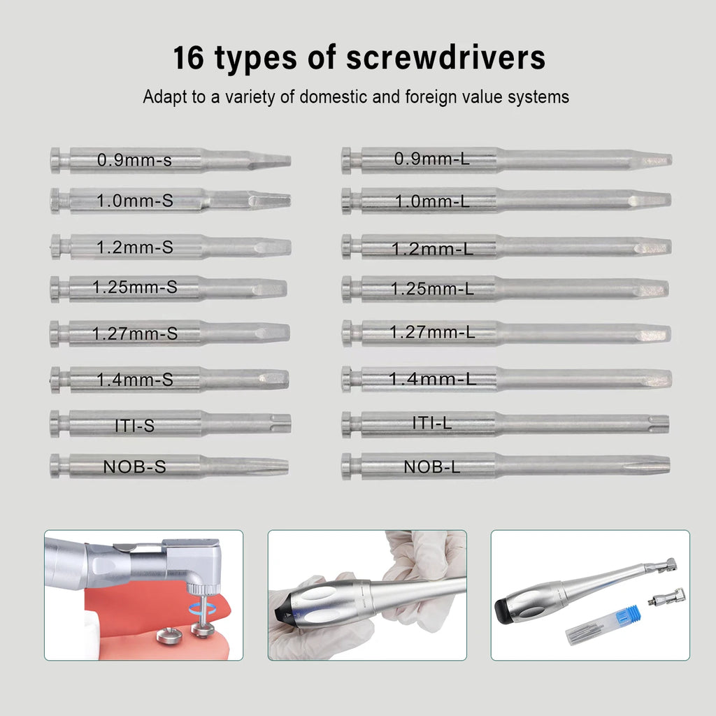 Adjustable Dental Implant Torque Wrench Set, 16-Piece Driver Tool Selection with Listed 2.35mm Latch-Type Bits in Silver, Blue or Red Options