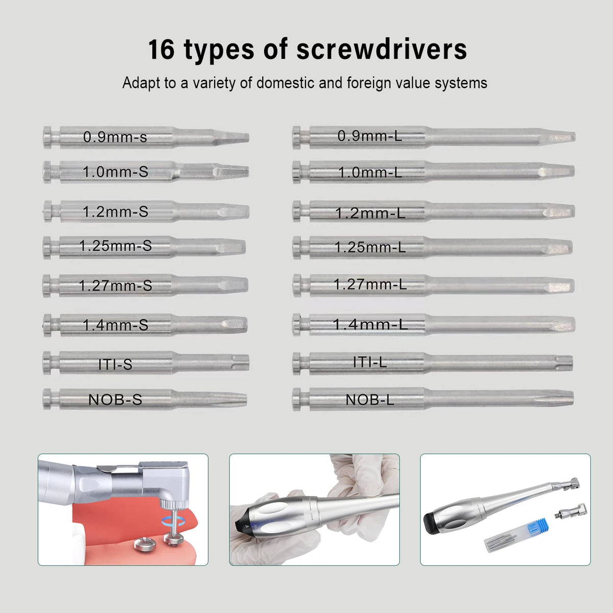 Adjustable Dental Implant Torque Wrench Set, 16-Piece Driver Tool Selection with Listed 2.35mm Latch-Type Bits in Silver, Blue or Red Options