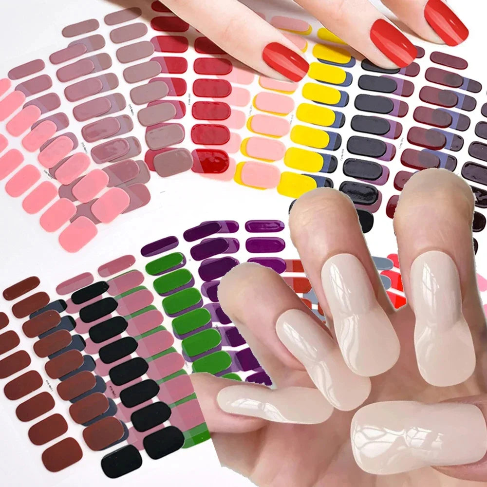 Semi-Cured Gel Nail Wraps, 16-Tip Full Cover Nail Stickers with Solid Color and Pattern Options for DIY At-Home Manicures and Nail Decoration