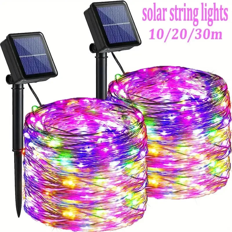 Solar Copper Wire Fairy Lights with Light Sensor, Warm, White or Multicolor Single and Two-Piece Options in 6M to 31M Lengths for Garden and Holiday Decor