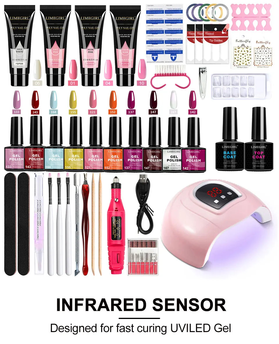 USB UV Lamp Gel Polish Kit by LIMEGIRL, 8ml Semi-Permanent Soak-Off Nail Polish with Listed Base and Top Coat for DIY Manicure and Nail Art