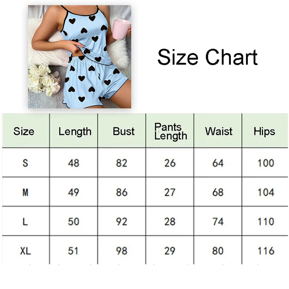 Women's Heart Print Pajama Set with Round Neck Top and Shorts, Polyester Summer Sleepwear for Relaxing at Home in Purple or Blue, Sizes M to XL