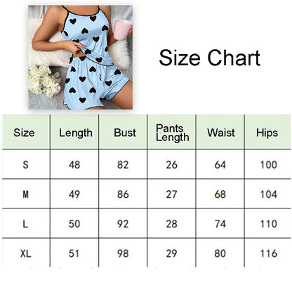 Women's Heart Print Pajama Set with Round Neck Top and Shorts, Polyester Summer Sleepwear for Relaxing at Home in Purple or Blue, Sizes M to XL