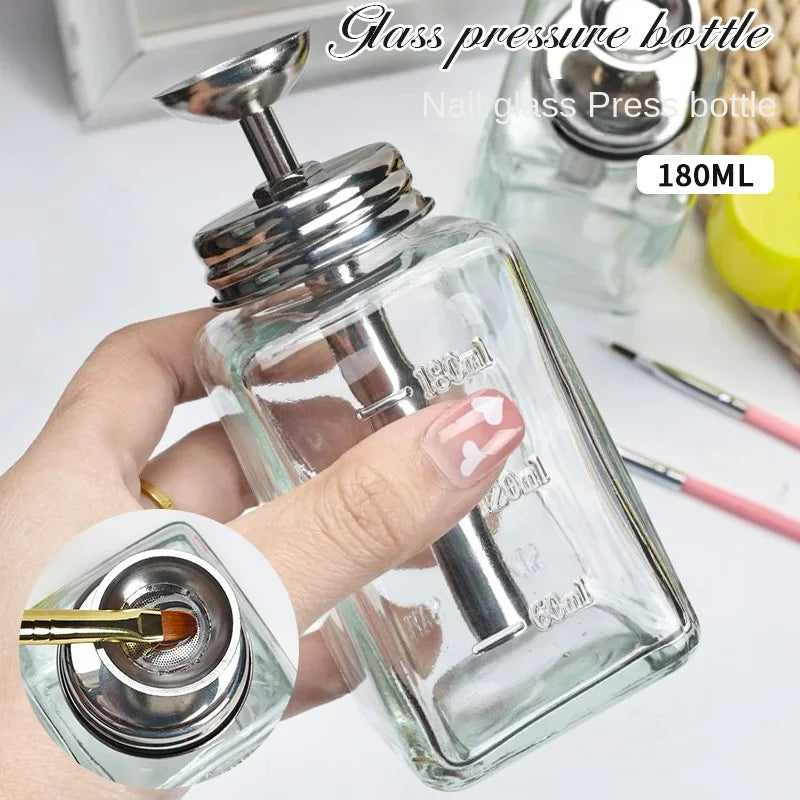 Glass Nail Liquid Pump Bottle 180ml, Empty Press-Top Dispenser for Compatible Manicure Cleansing Liquids and Nail Polish Remover at Home or Salon Stations