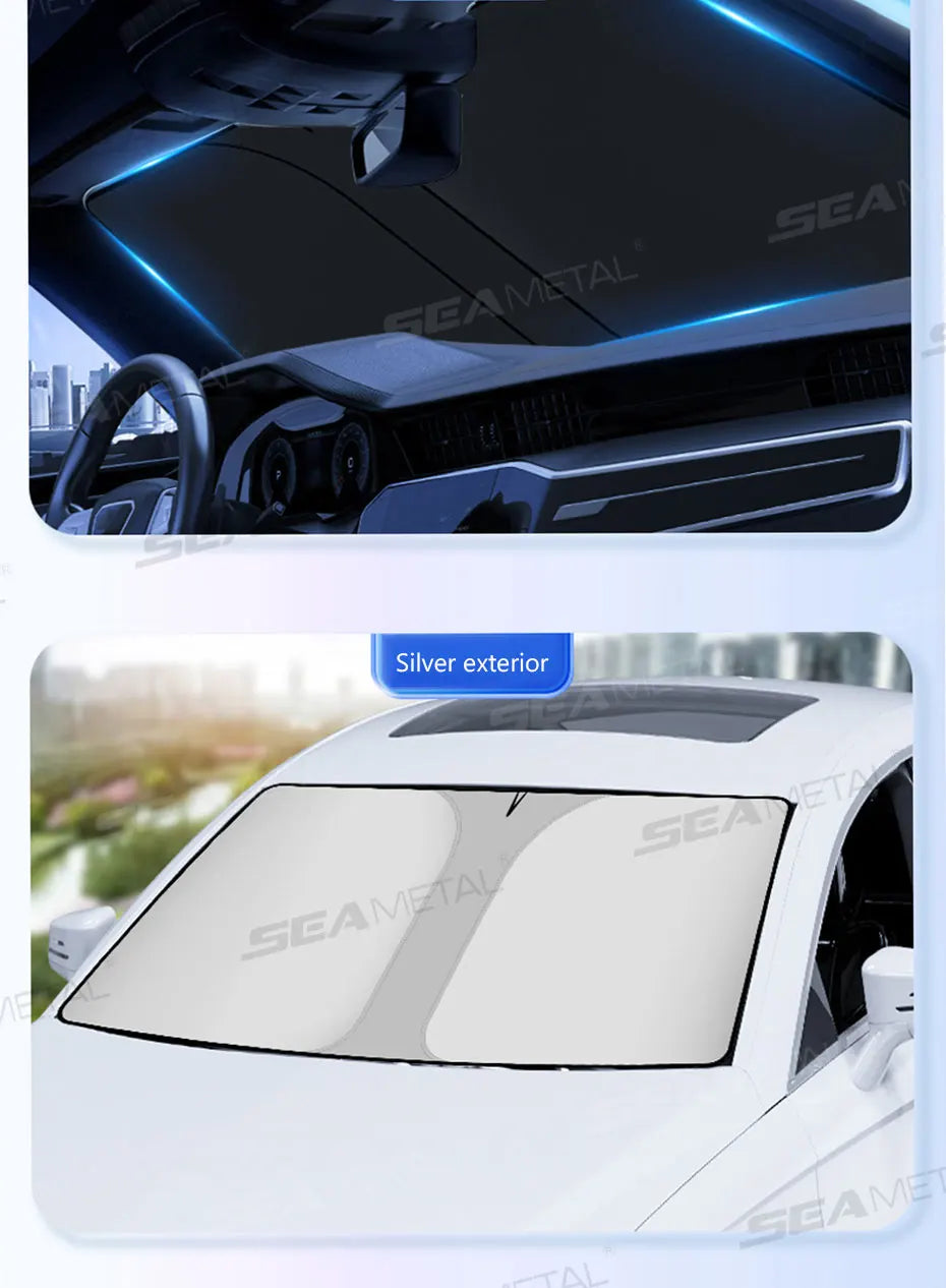 SEAMETAL Foldable Windshield Sun Shade in Silver with Reflective Material, Mirror Cutout and Wire Support, Small or Large Options for Parked Cars