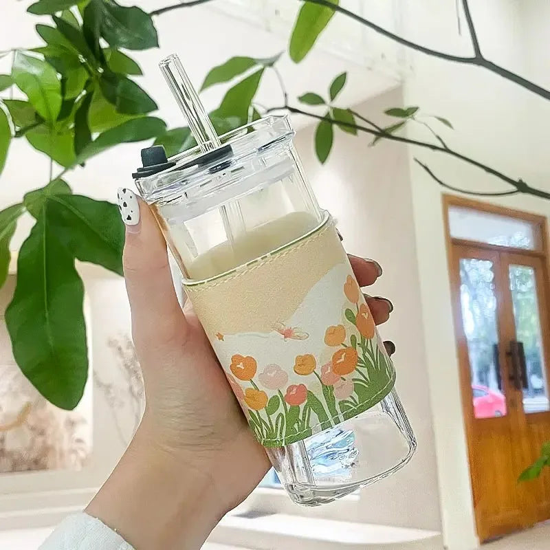 400ml Glass Coffee Cup with Listed Lid and Straw, Transparent Borosilicate Drinkware for Iced Coffee, Milk Tea and Juice with Square Cup and Bamboo Lid Options