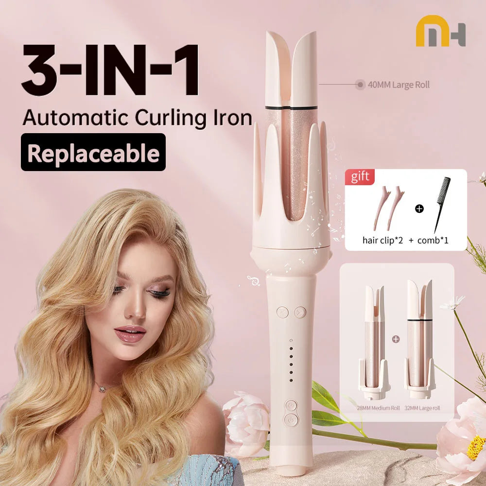 Automatic Curling Iron Set with Ceramic Rotating Styling and Multi-in-1 Bundle Options for At-Home Waves and Curls, US, EU, UK or AU Plug Choices