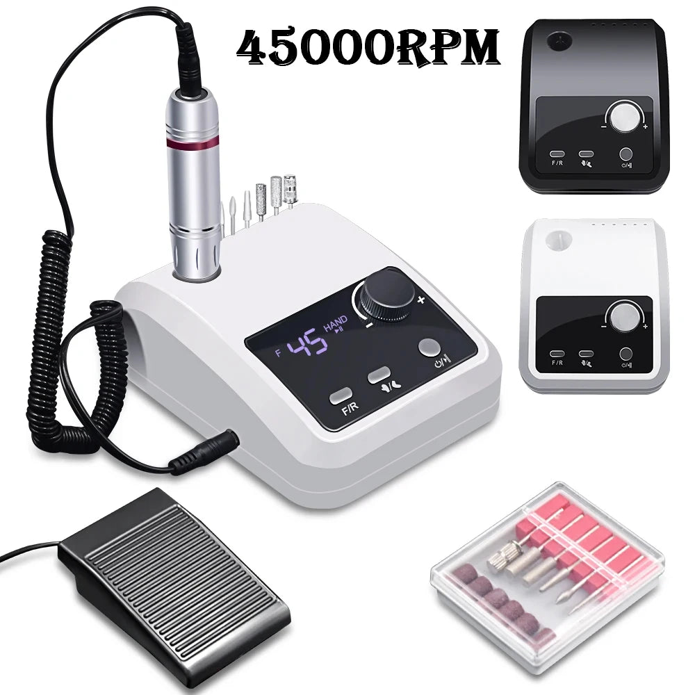 Rechargeable Nail Drill 204 with Listed 45,000 RPM Maximum, LCD Speed and Battery Display, Brushless Motor and Aluminum Alloy Body for Acrylic and Gel Filing