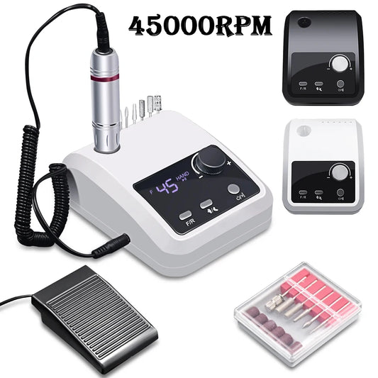 Rechargeable Nail Drill 204 with Listed 45,000 RPM Maximum, LCD Speed and Battery Display, Brushless Motor and Aluminum Alloy Body for Acrylic and Gel Filing
