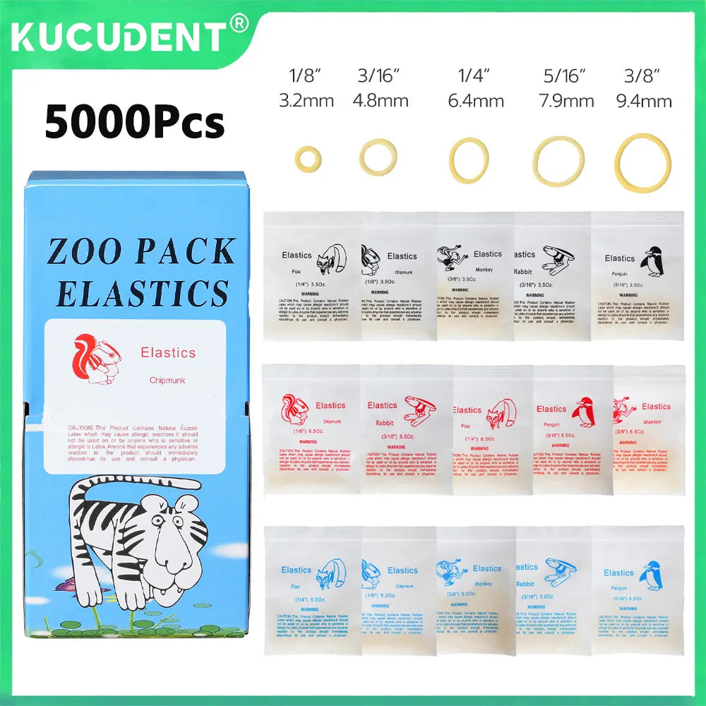 Latex Orthodontic Traction Elastics, 5000-Piece Box with Animal-Coded Diameter Options and 2.5 to 6.5oz Force Labels for Clinician-Directed Braces Use