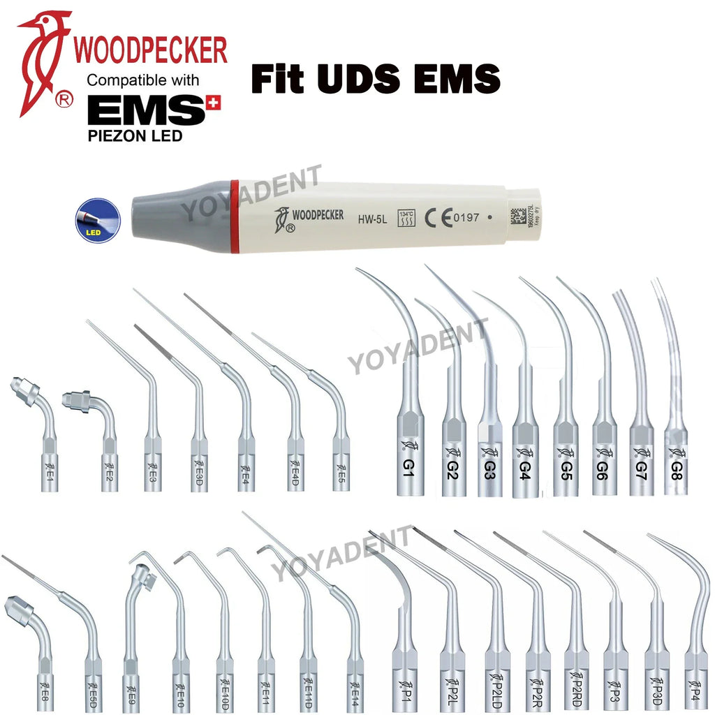 Ultrasonic Scaler Handpiece and Tip Options by Woodpecker, HW-5L LED Handpiece or P, E and G Series Tips for Compatible Dental Equipment