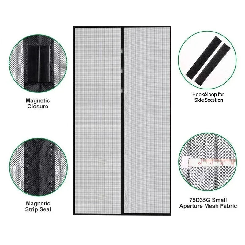 Magnetic Mesh Door Curtain with No-Drill Hook-and-Loop Mounting, Polyester Insect Screen in Black or White, 90 x 210 cm and 100 x 210 cm for Home Ventilation