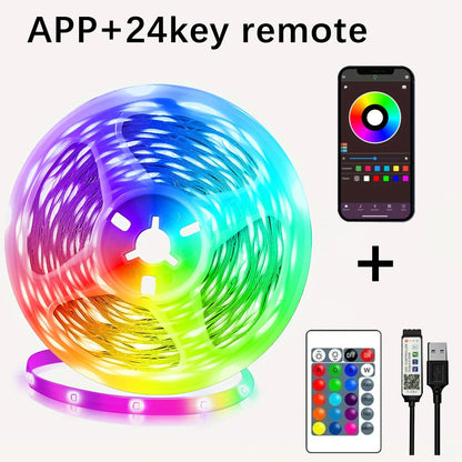 Four-Controller RGB LED Strip Lights with 5V USB Power, App or Remote Options and Nine Length Labels from 0.5m to 30m for Bedroom Decor and TV Backlighting