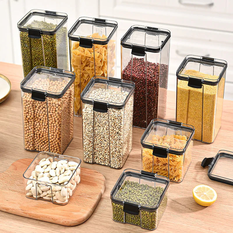 Clear Pantry Storage Jars with White or Black Covers, Five Capacity Options from 460ml to 1800ml and Single-Size Packs or Mixed Five-Size Kitchen Sets